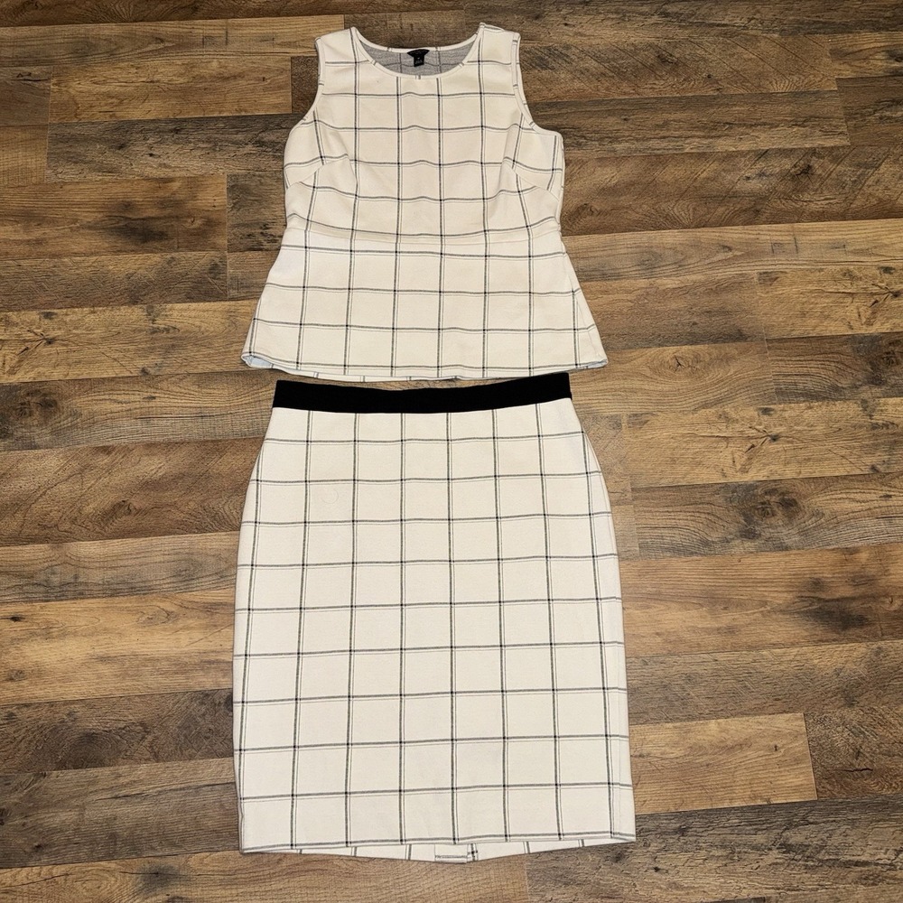 Ann Taylor Petite 2 Piece White Plaid Suit Pencil Skirt Medium & Large